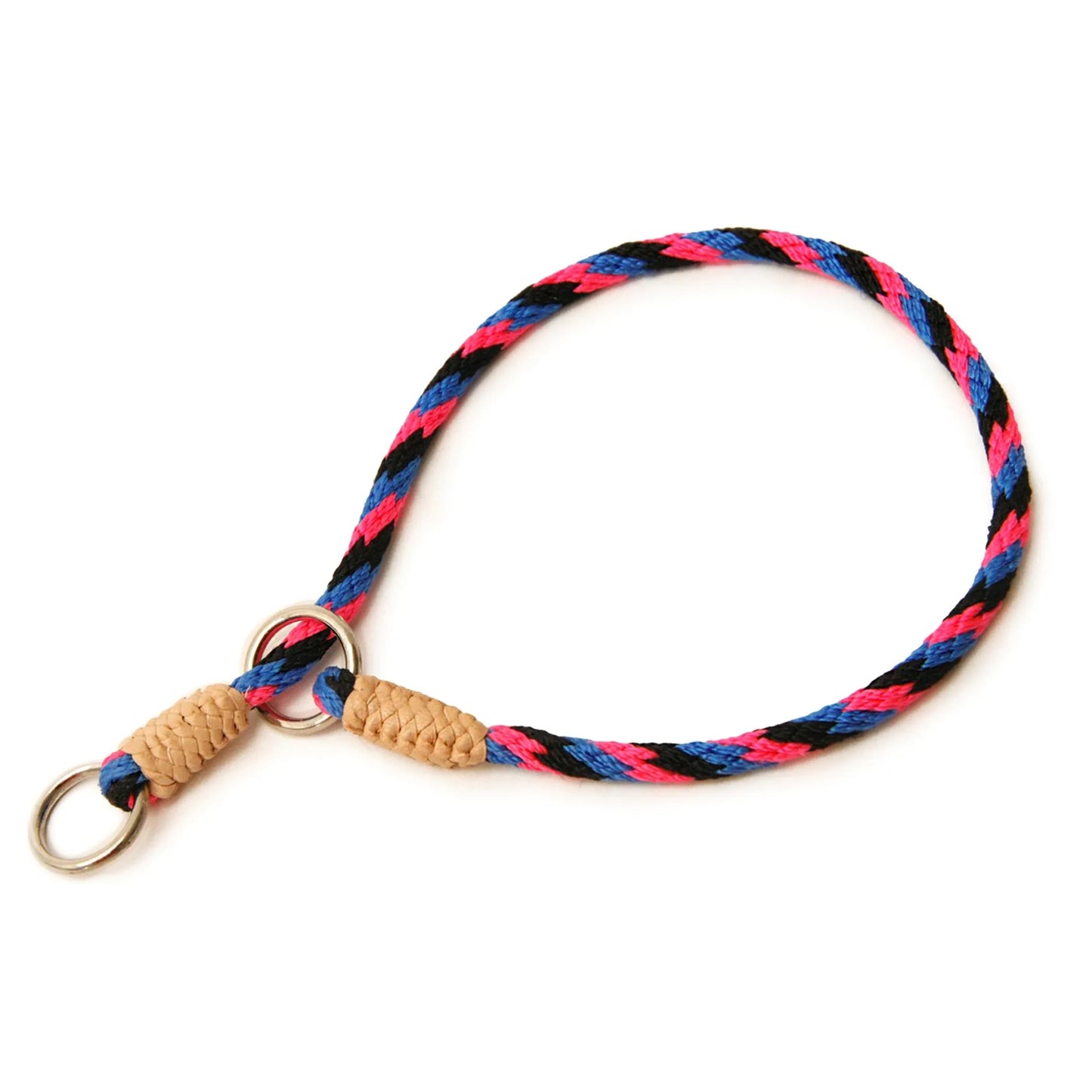 Multicolored braided dog leash with a metal clip on a white background