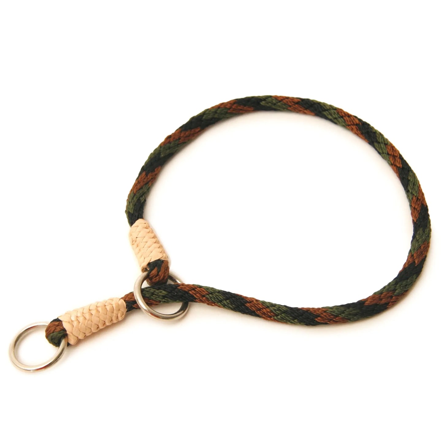 Woven dog collar with key ring on a white background