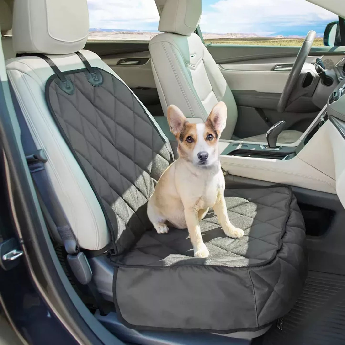 Dog sitting on a car seat cover in a vehicle with a scenic view outside.