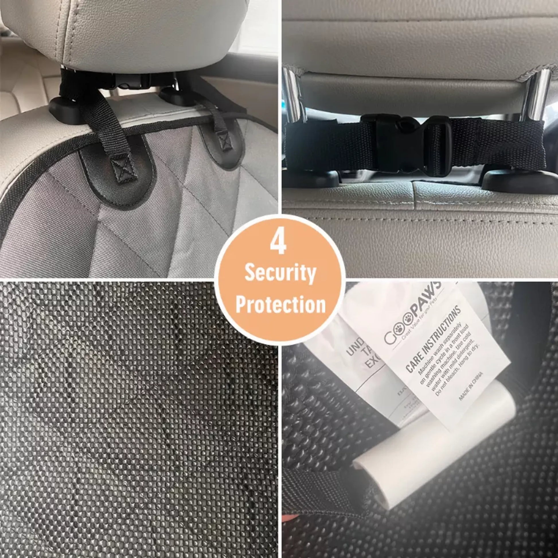 Collage of car seat belt and safety product with text '4 Security Protection'.