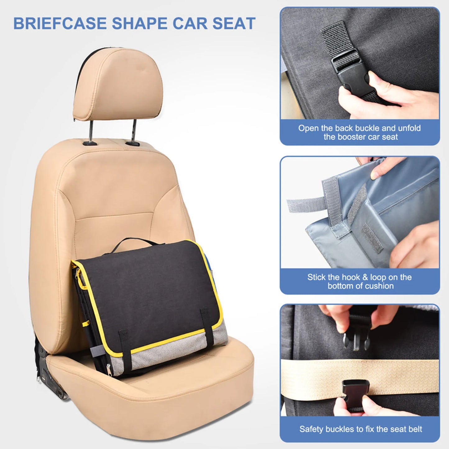 Briefcase shape car seat with installation instructions on a white background