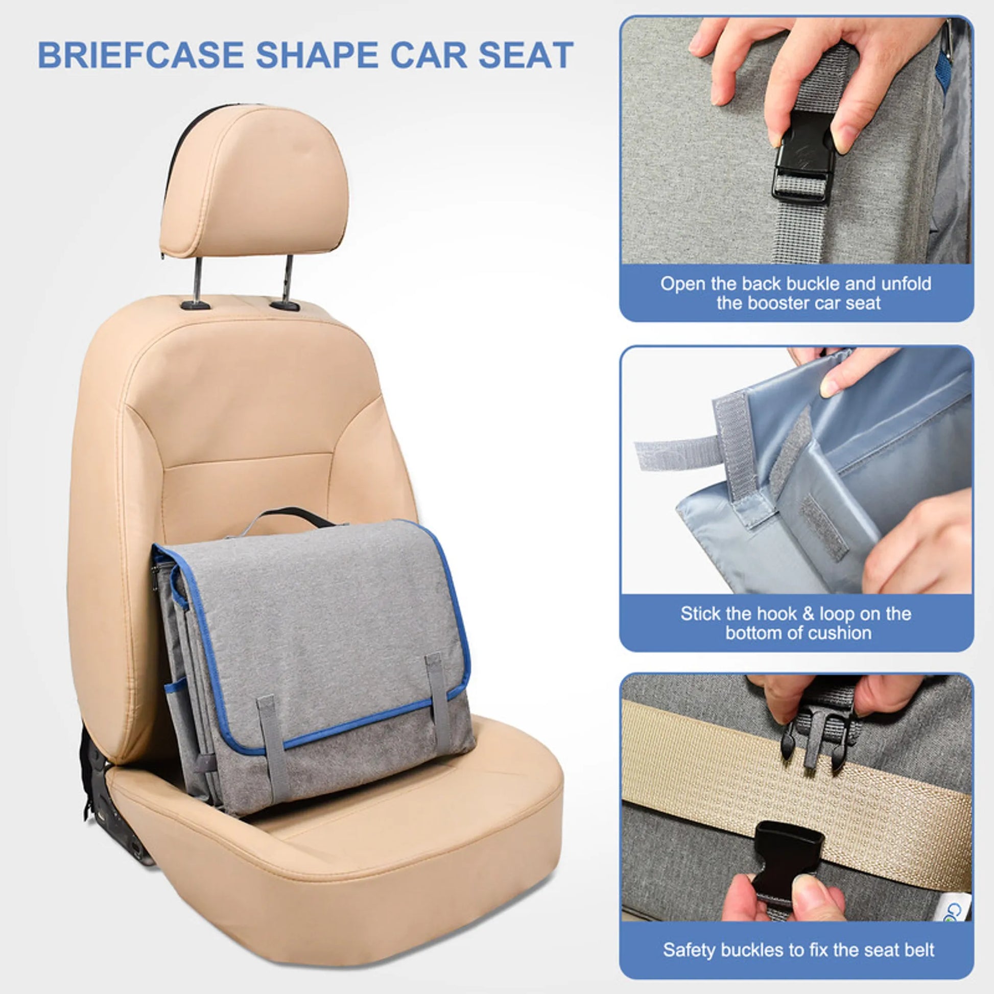Beige car seat with a briefcase-shaped booster seat and installation instructions.