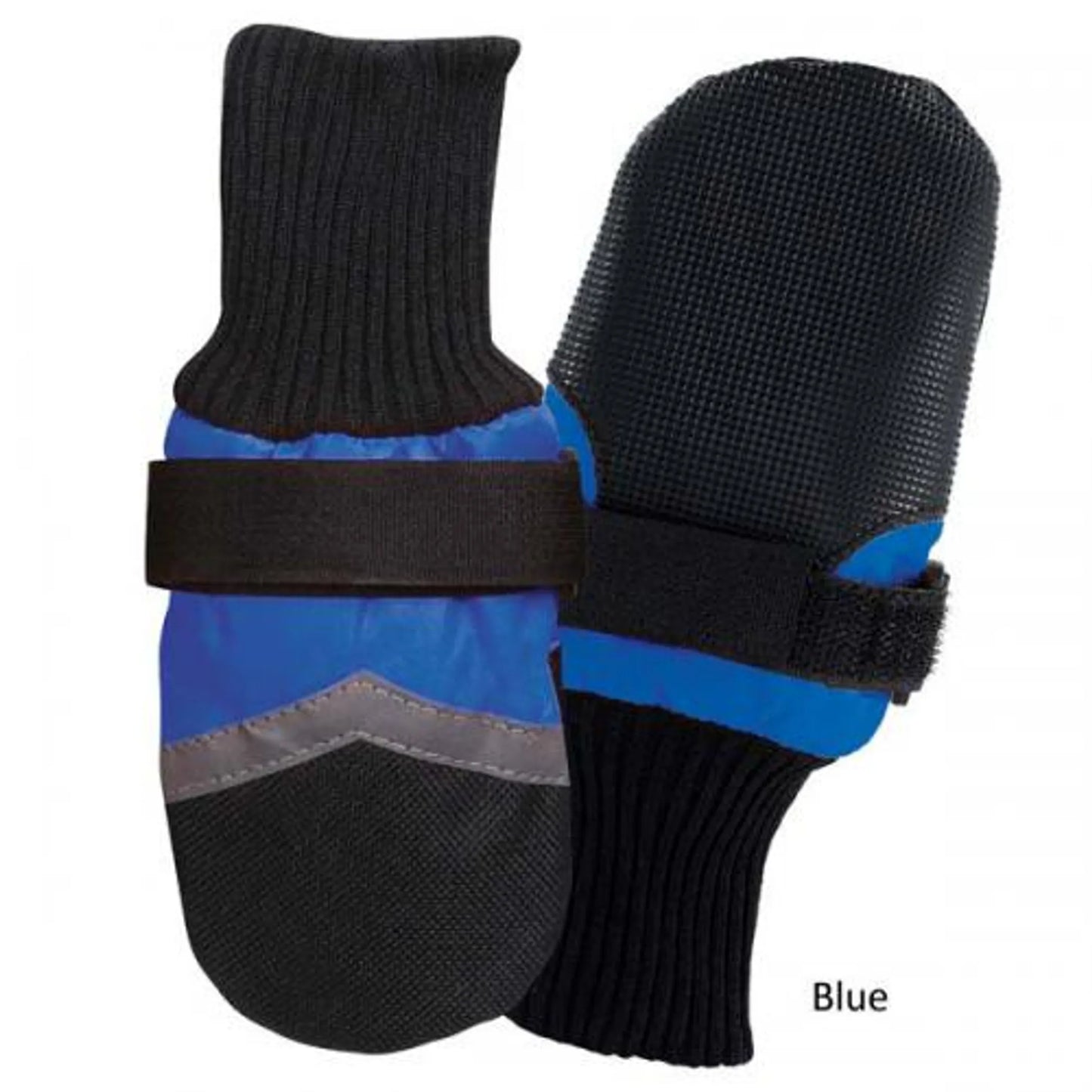 Pair of blue and black dog mittens on a white background