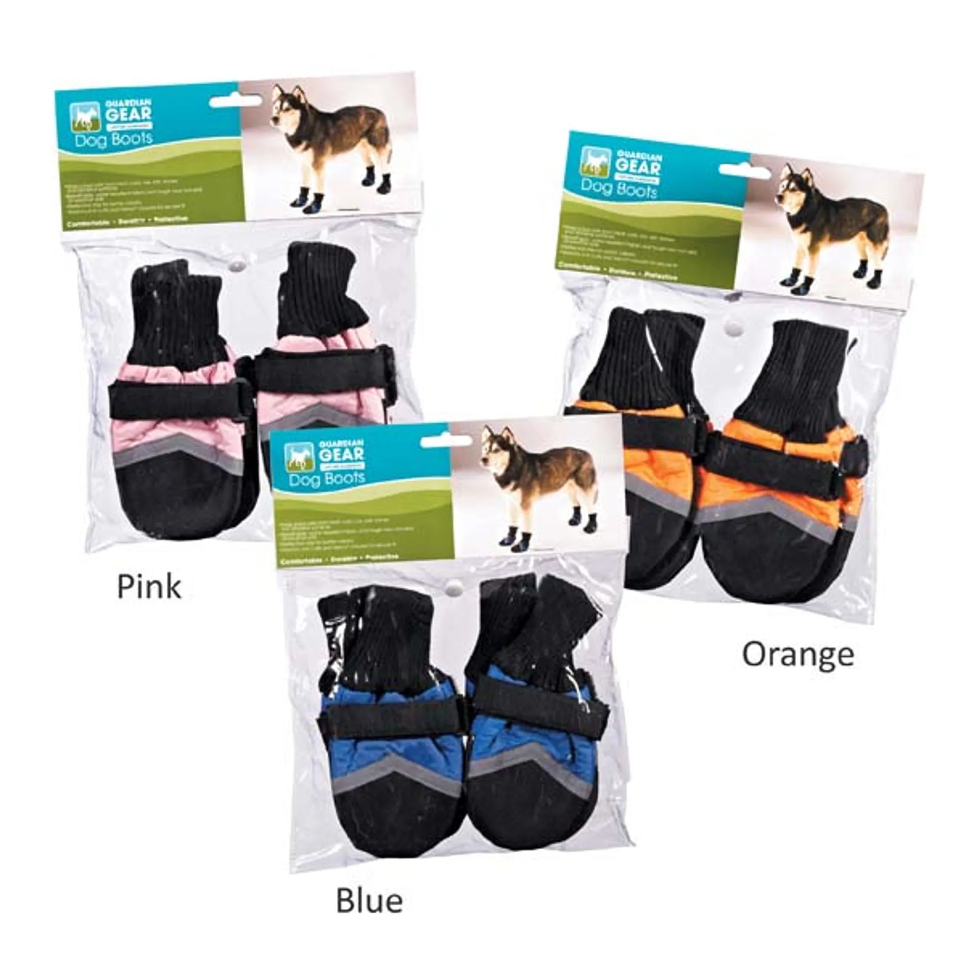 Packaged dog boots in pink, orange, and blue with brand logo on a white background