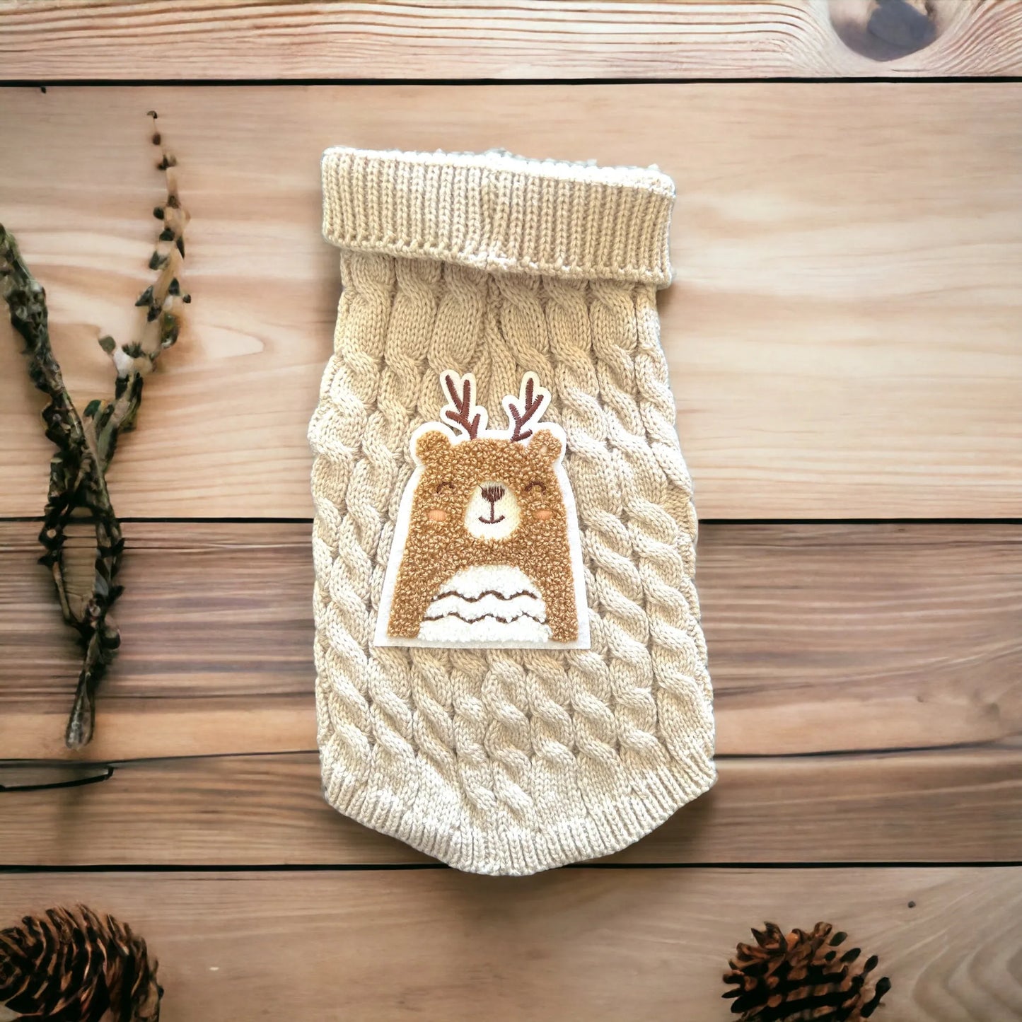 Antler Bear Knit Sweater- Dog Sweater Tan