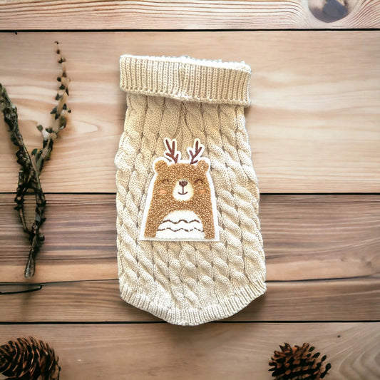 Antler Bear Knit Sweater- Dog Sweater Tan