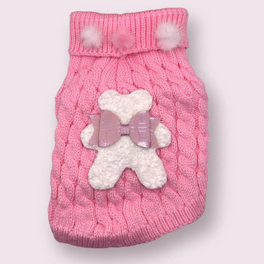 Terry Cloth Knit PomPom Bear Dog Sweater pink