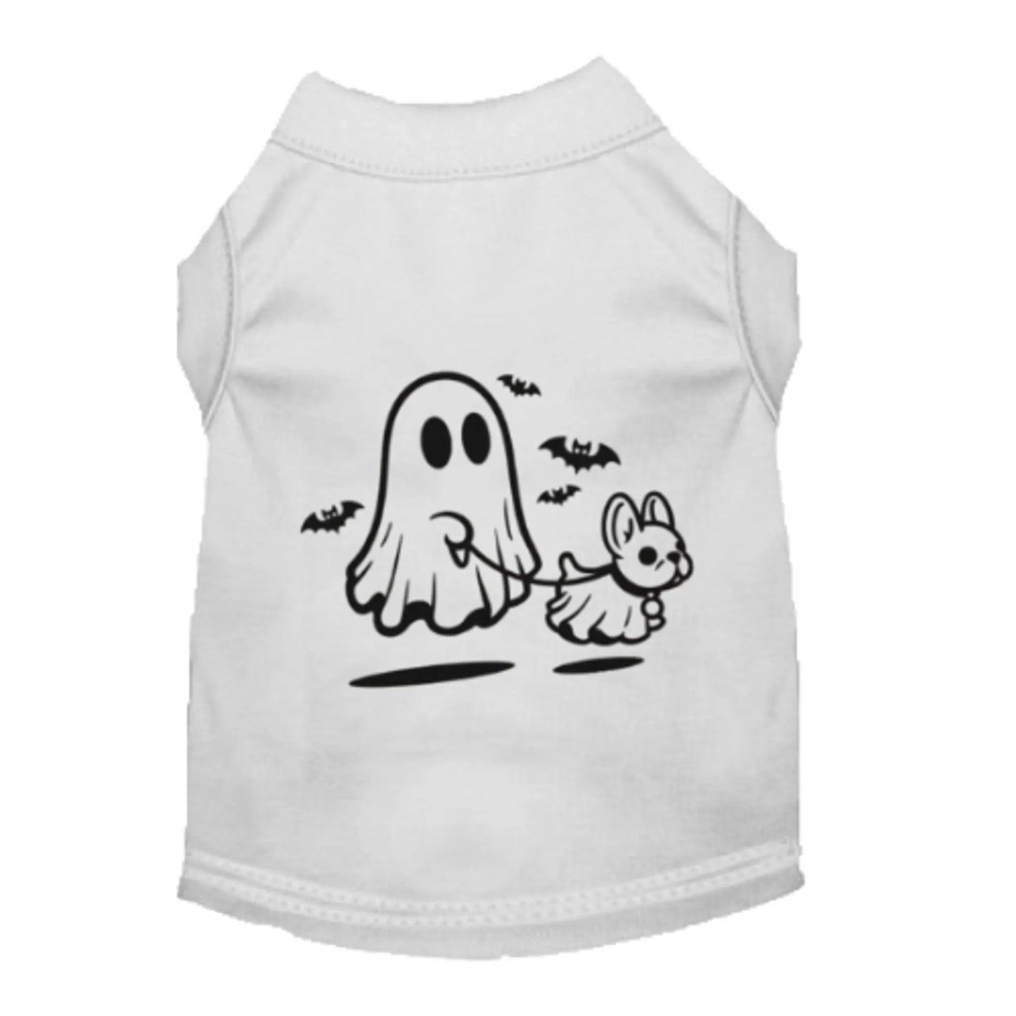 White pet shirt with a black ghost and dog illustration on a white background
