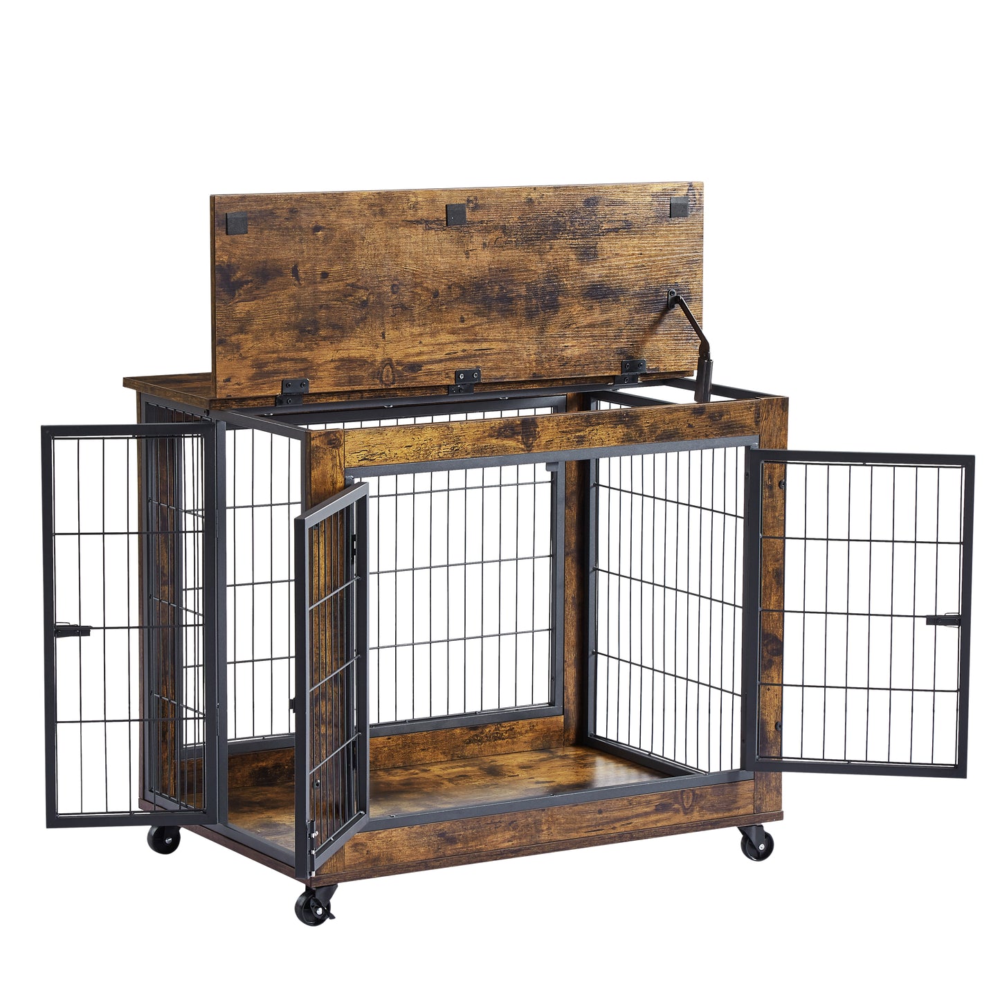 Furniture Style Dog Crate Side Table on Wheels with Double Doors Brown