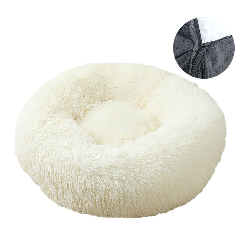 Washable Round Plush Dog Bed and Cat Bed with Removable Cover – Soft Warm Pet Bed Cushion for Small and Medium Pets White