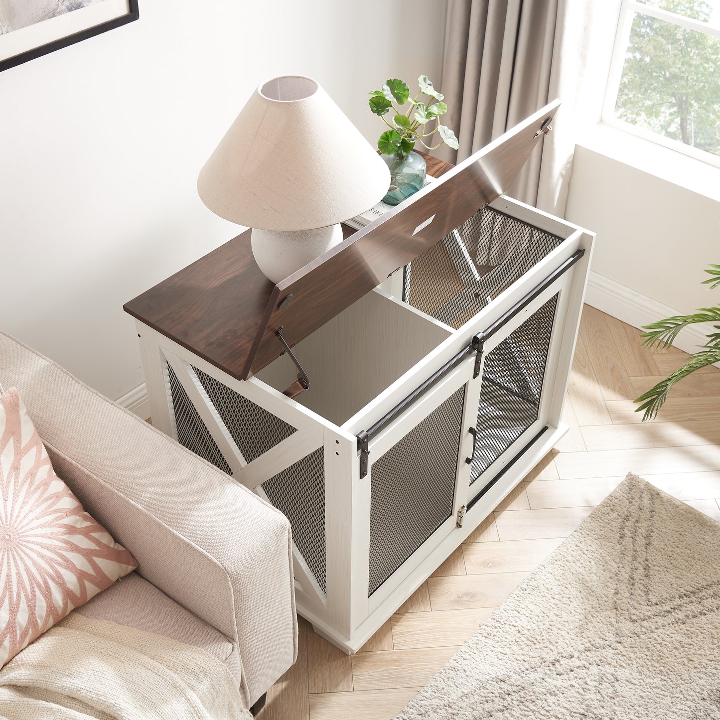 Farmhouse Dog Crate Furniture with Sliding Barn Door top and front opening