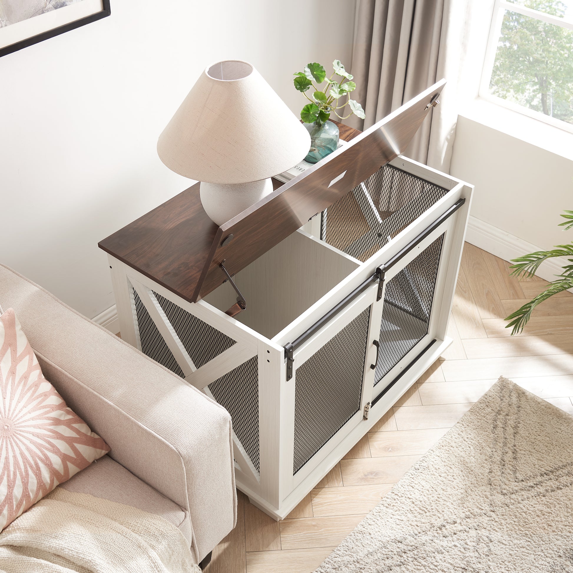 Farmhouse Dog Crate Furniture with Sliding Barn Door top and front opening