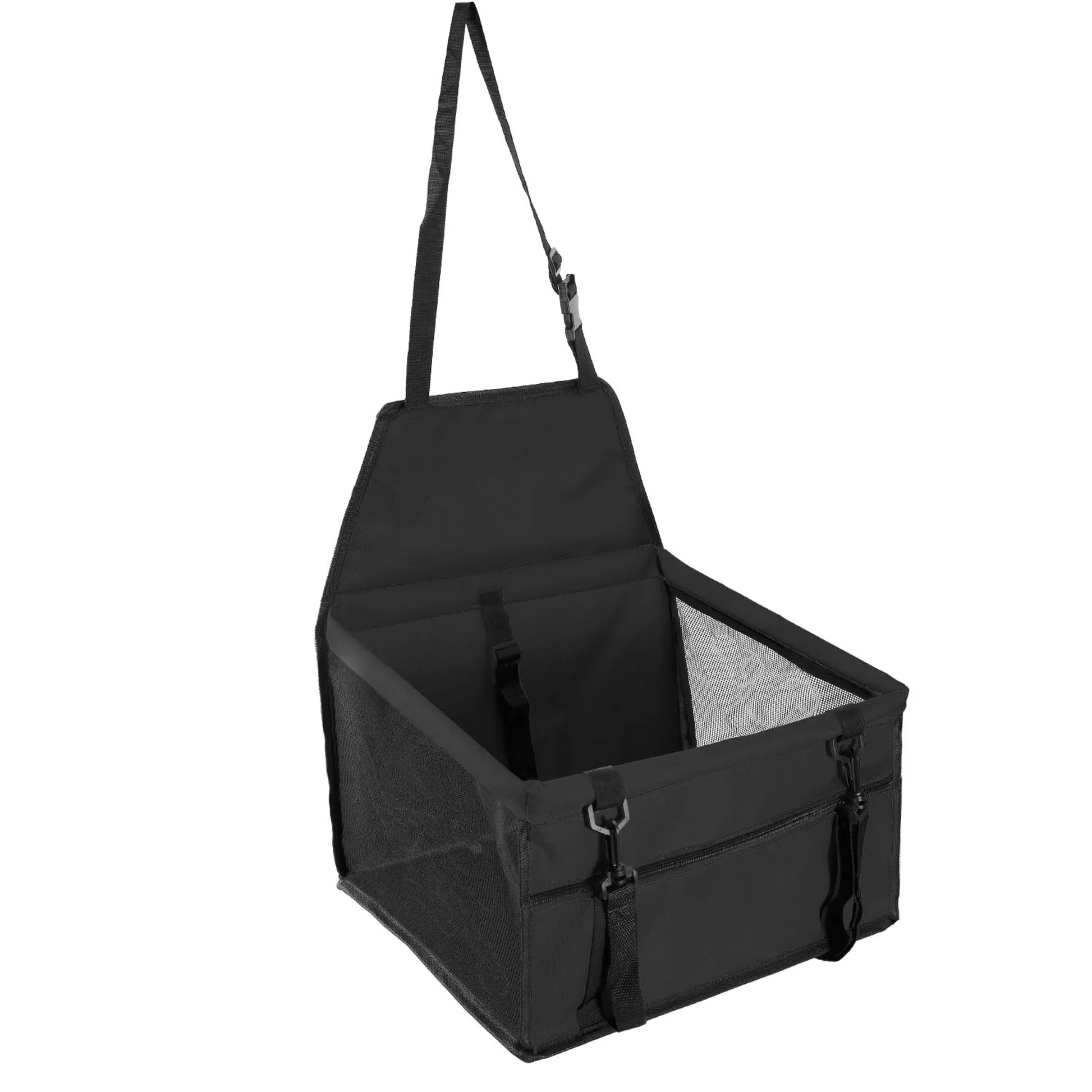 Black pet carrier with a gray interior on a white background