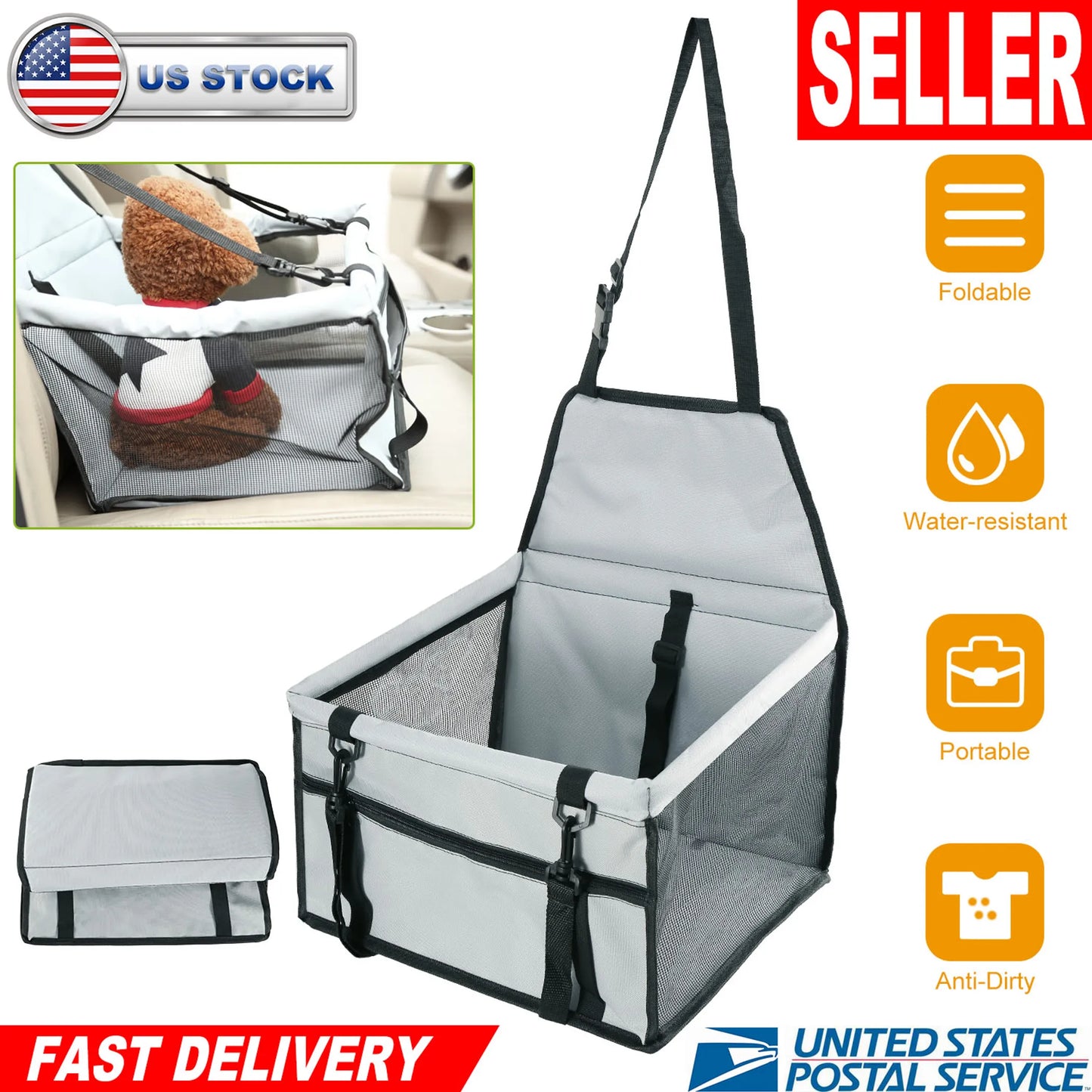 Pet car seat cover with features and fast delivery text on a white background