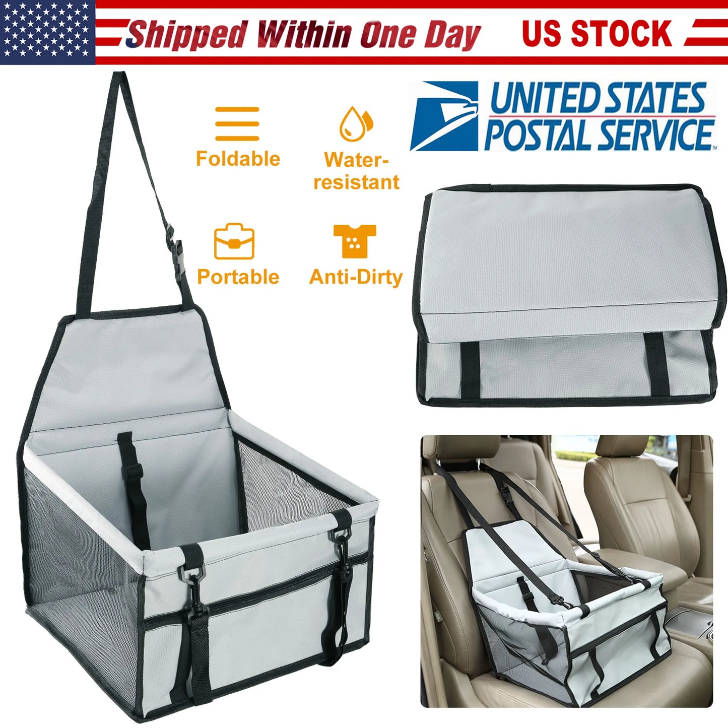 Foldable pet seat cover with features and USPS logo on a white background