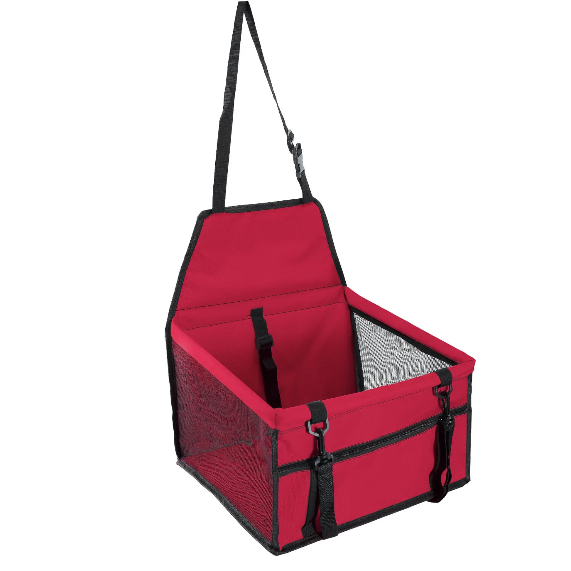 Red pet car seat with black straps on a white background