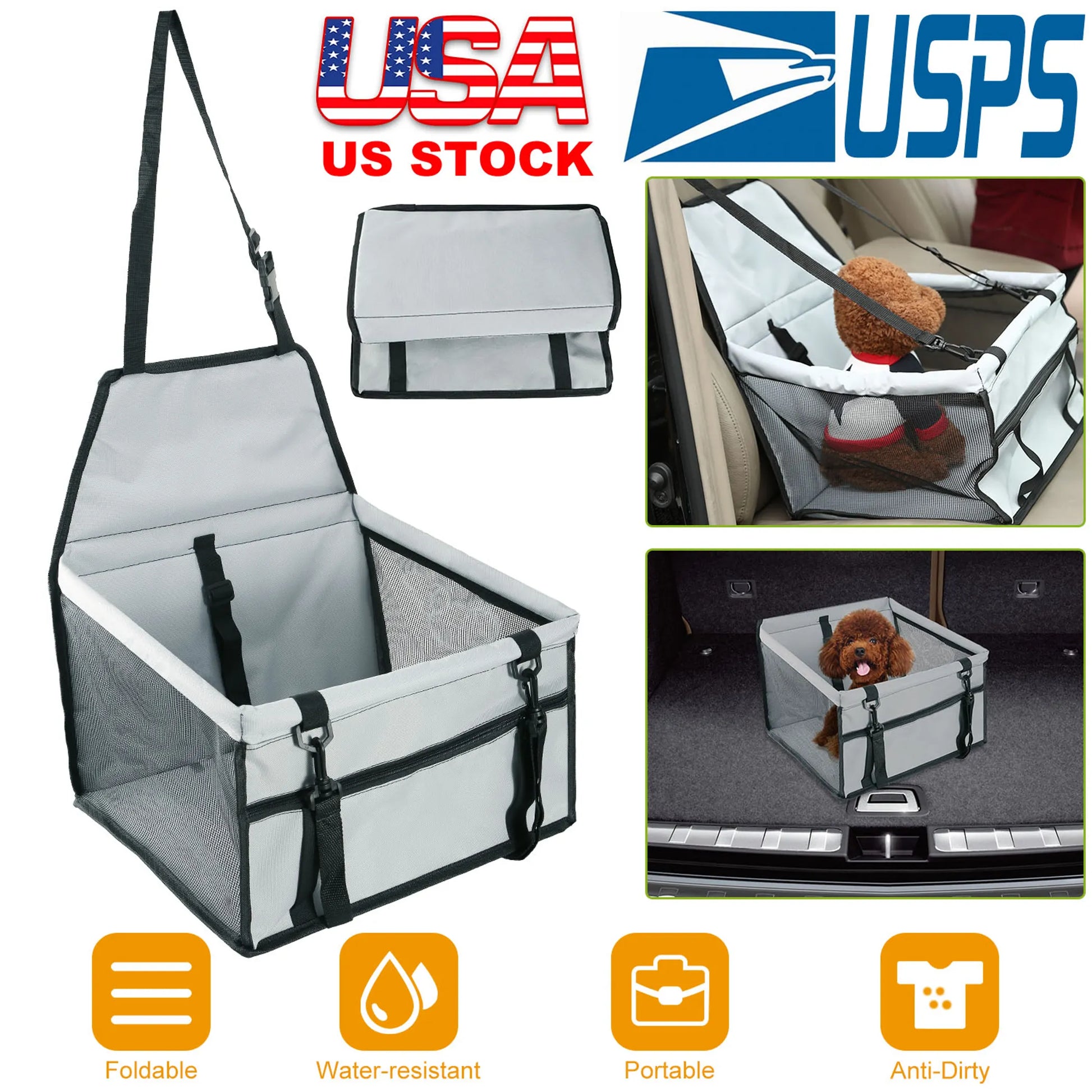 Pet car seat carrier with features and USPS logo on a white background