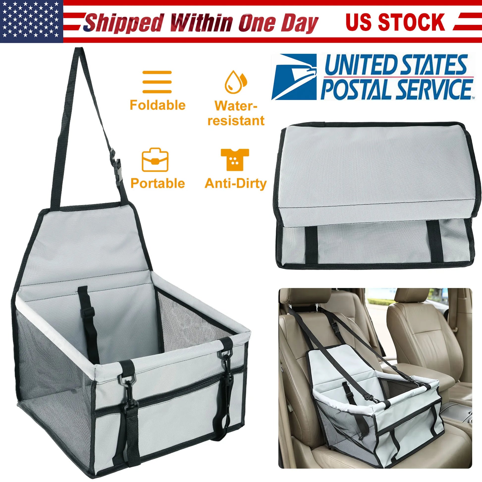 Foldable pet seat cover with features and USPS logo on a white background
