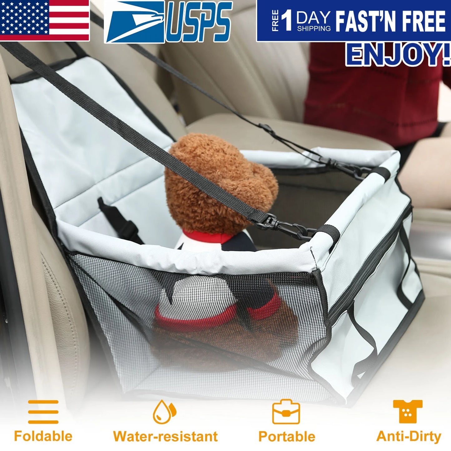 Pet car seat cover with a teddy bear inside, placed on a car seat with USPS logo and promotional text.