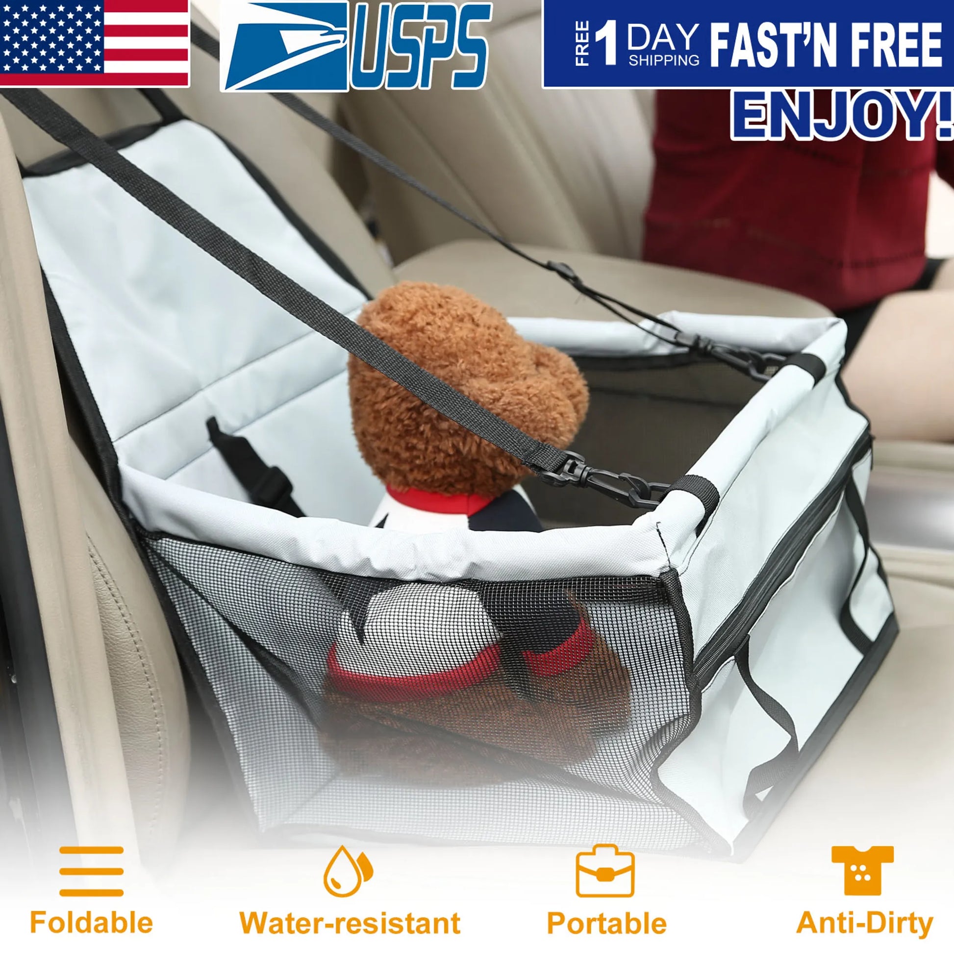 Pet car seat cover with a teddy bear inside, placed on a car seat with USPS logo and promotional text.