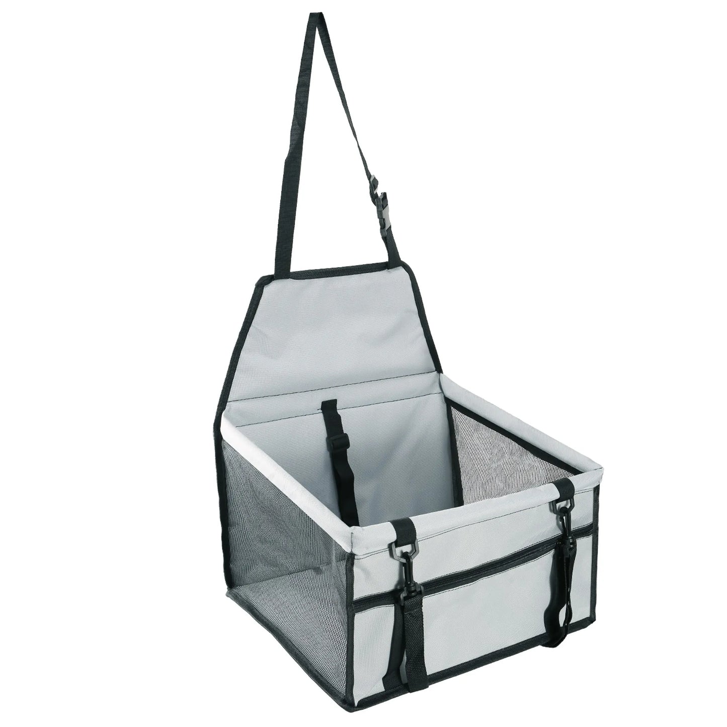 Pet car seat carrier with mesh back and straps on a white background