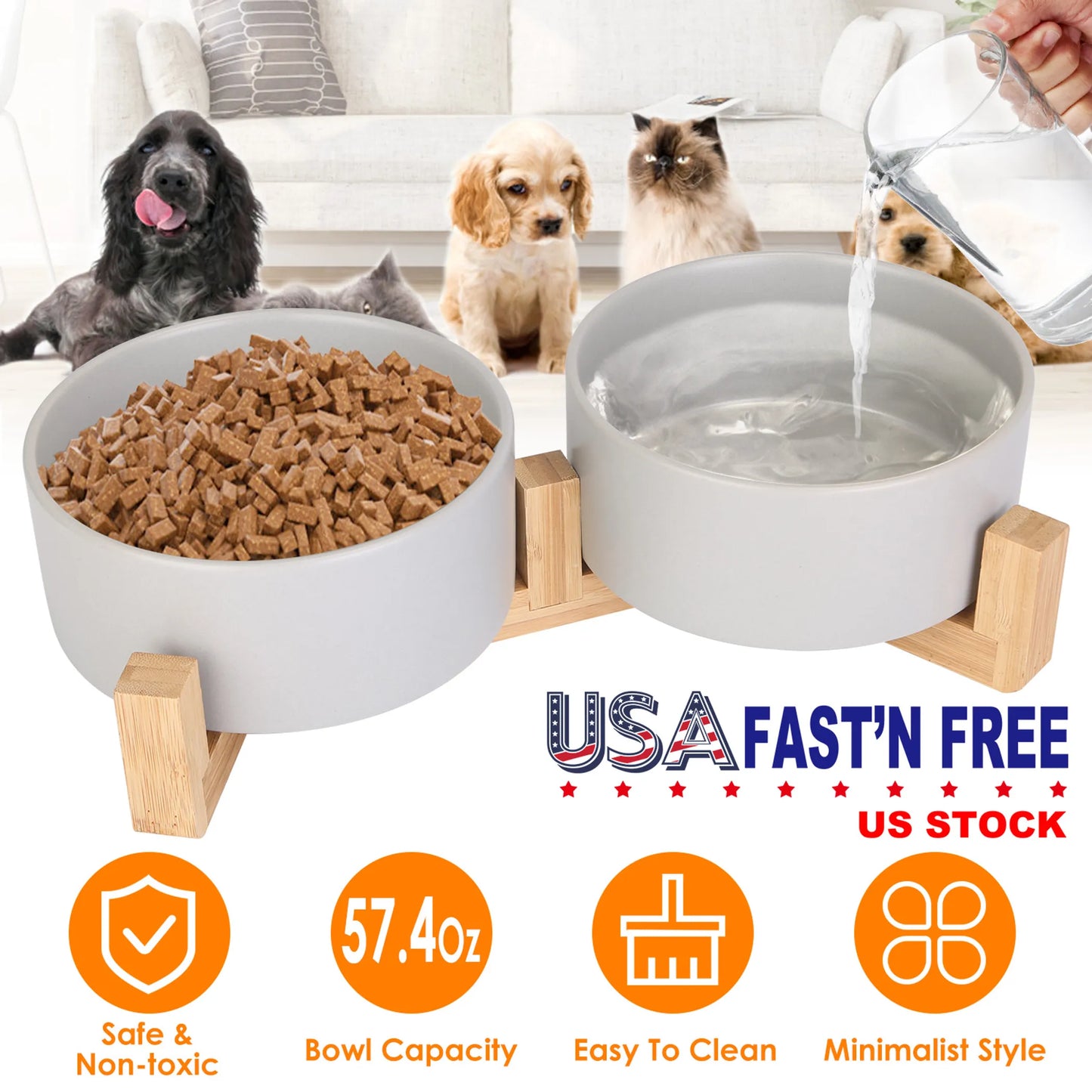 Double 28.7Oz Ceramic Pet Bowls Dog Cat Bowls