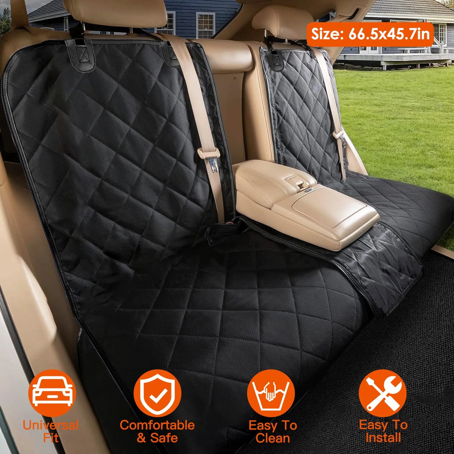 Car seat cover on a vehicle's back seat with features highlighted.