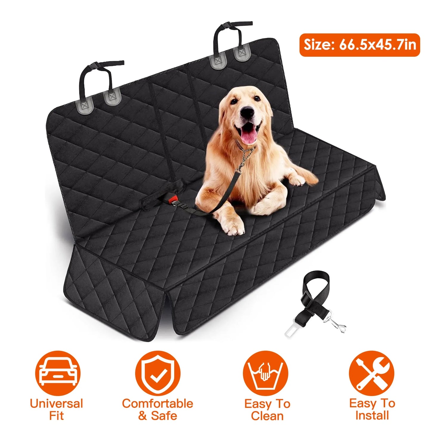 Black car seat cover with a dog sitting on it, featuring size information and product features.