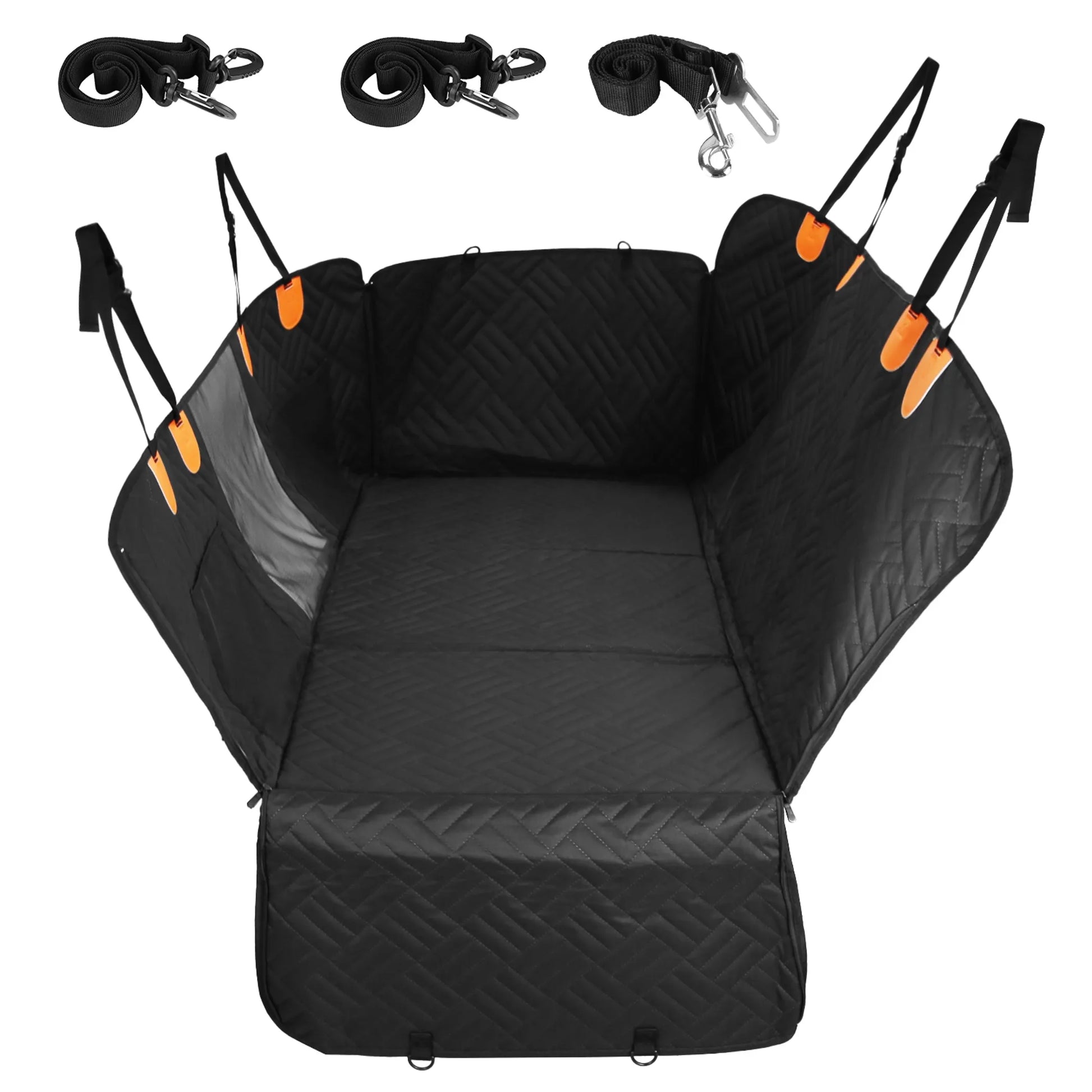 Black pet car seat cover with orange accents and leashes on a white background