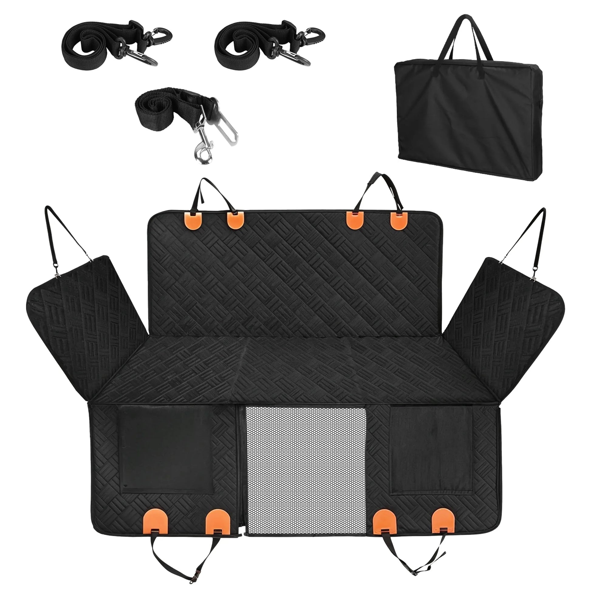 Black car seat cover with orange clips and additional accessories on a white background