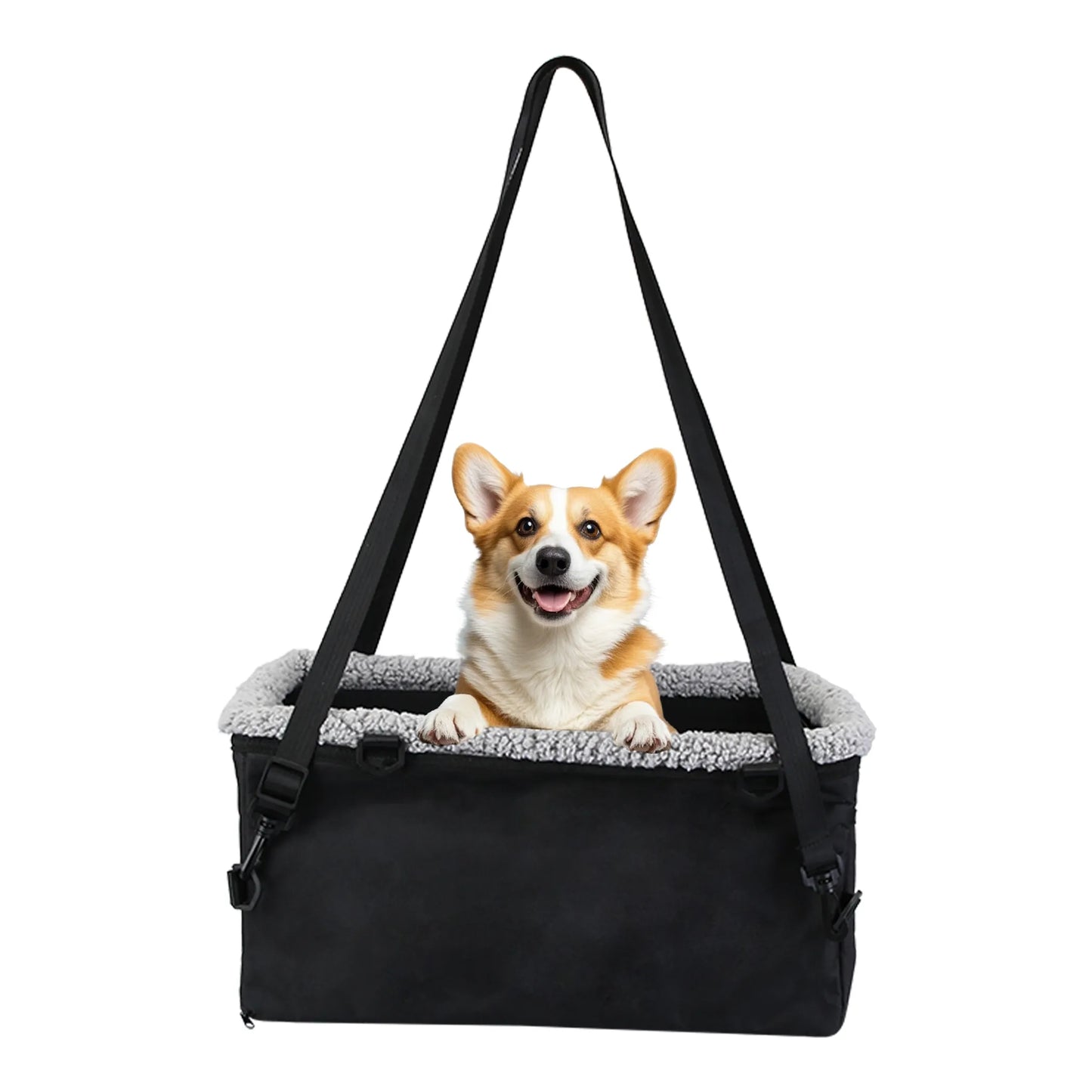 Dog sitting in a black pet carrier with a white background