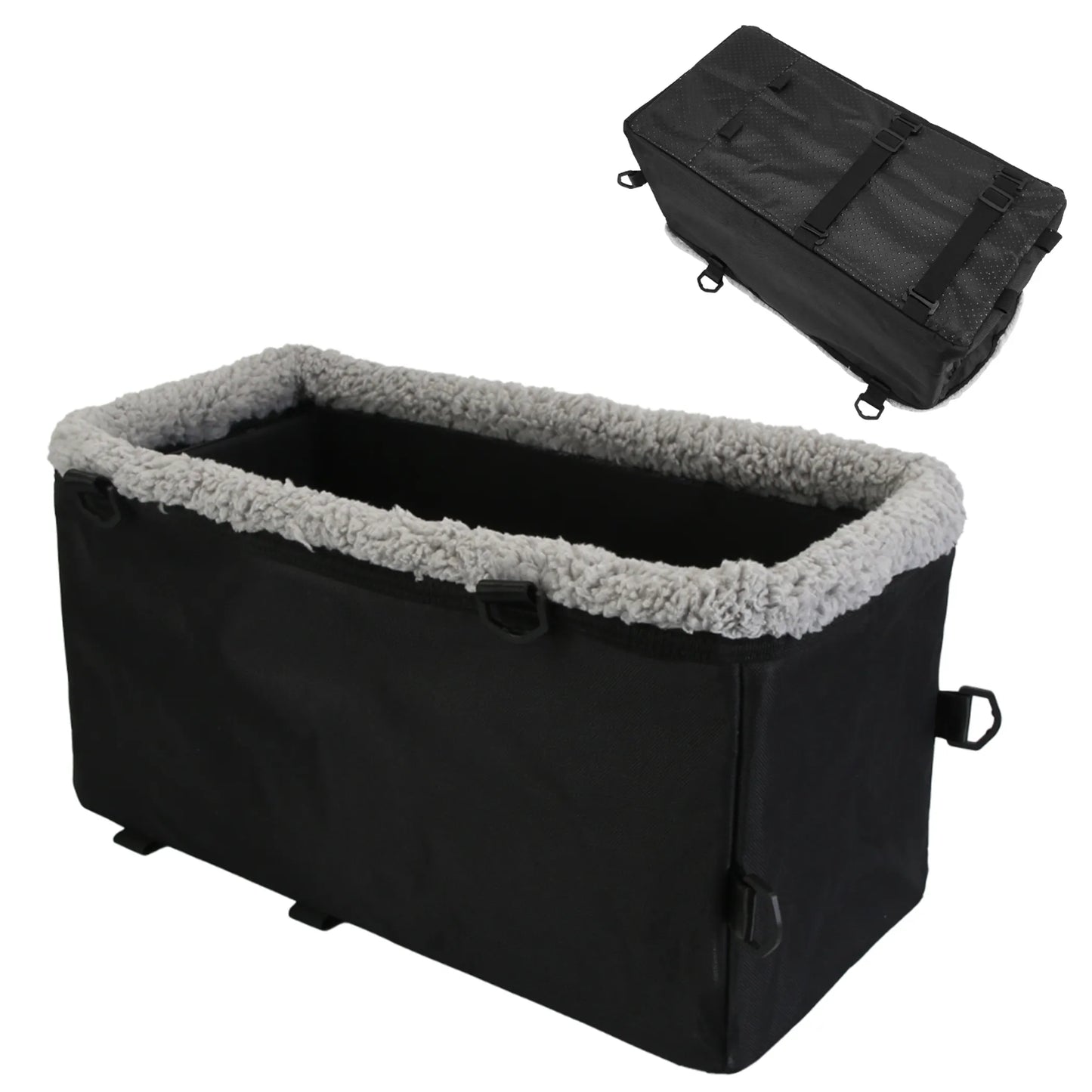 Black pet carrier with gray interior and a black folded cover on a white background