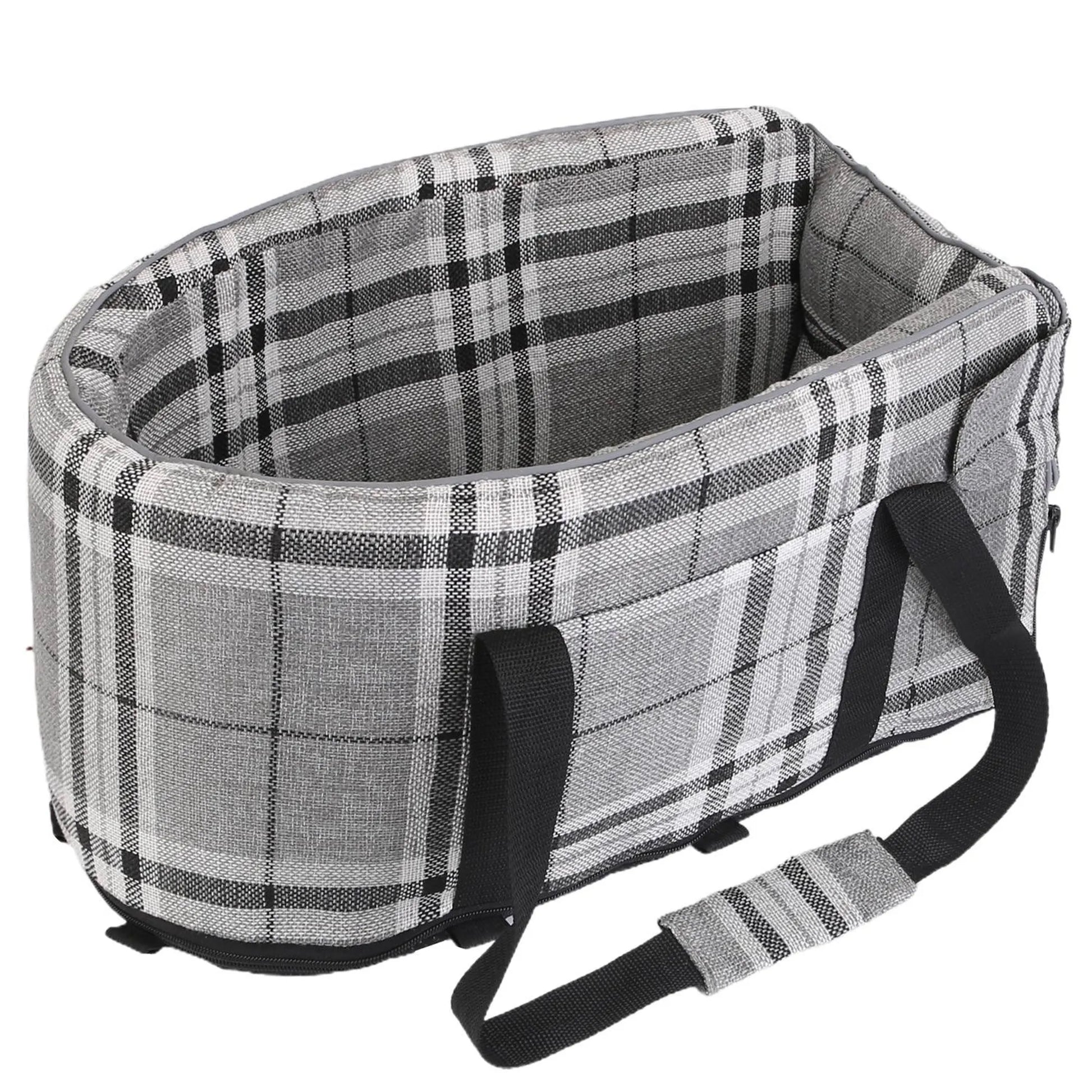 Gray plaid pet carrier with black straps on a white background