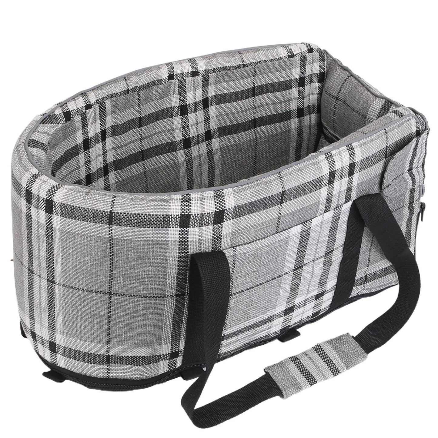 Gray plaid pet carrier with black straps on a white background