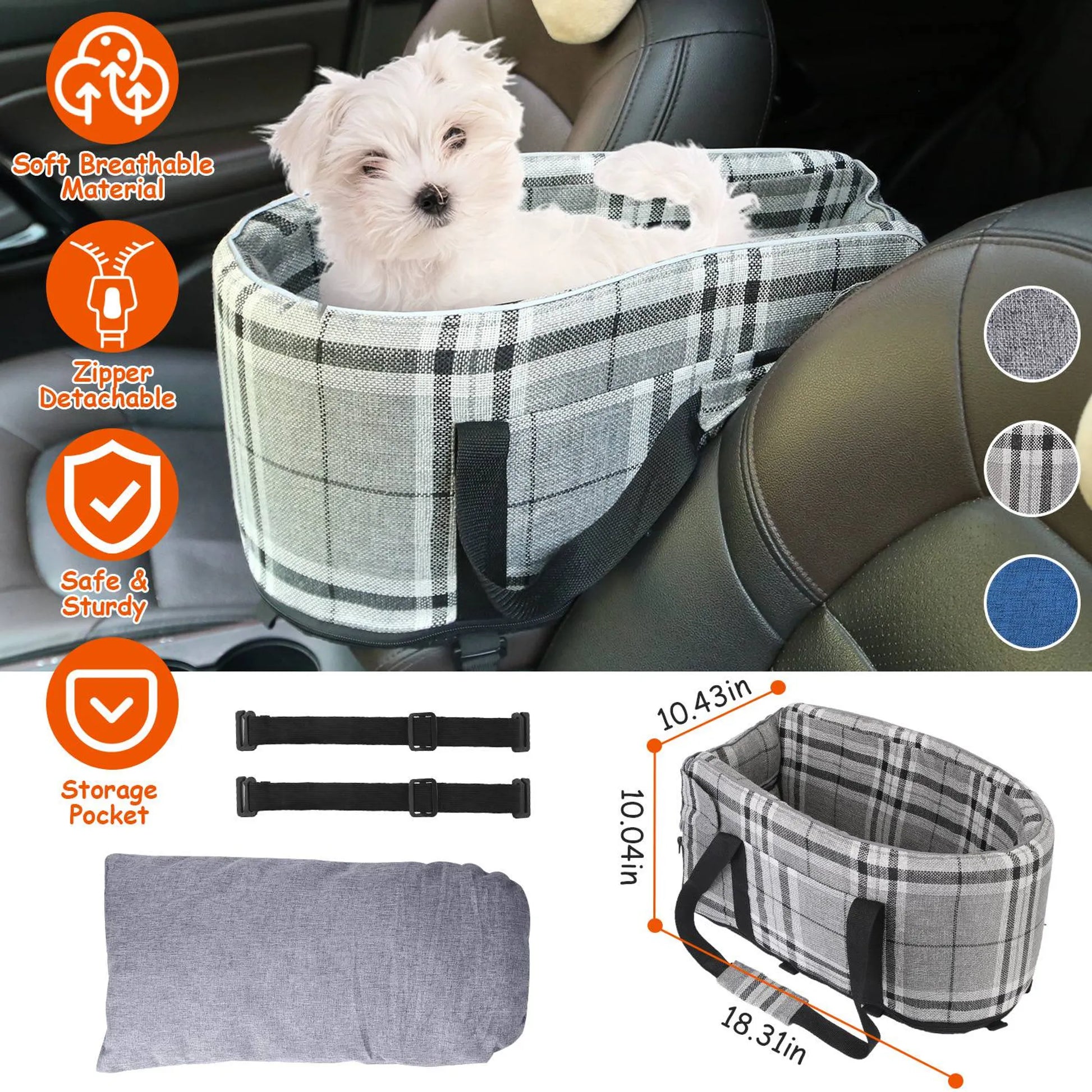 Pet car seat with plaid pattern, featuring a dog inside, and additional features listed.