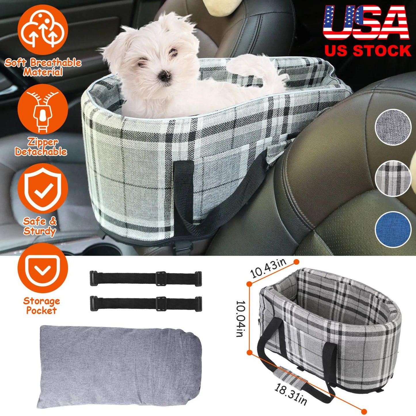 Pet car seat carrier with a dog inside, features listed, and product dimensions shown.