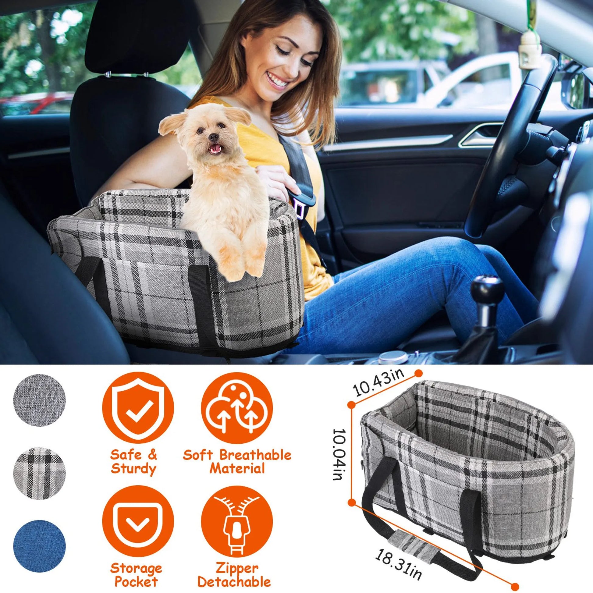 Woman with a dog in a car seat cover, surrounded by product features and measurements.