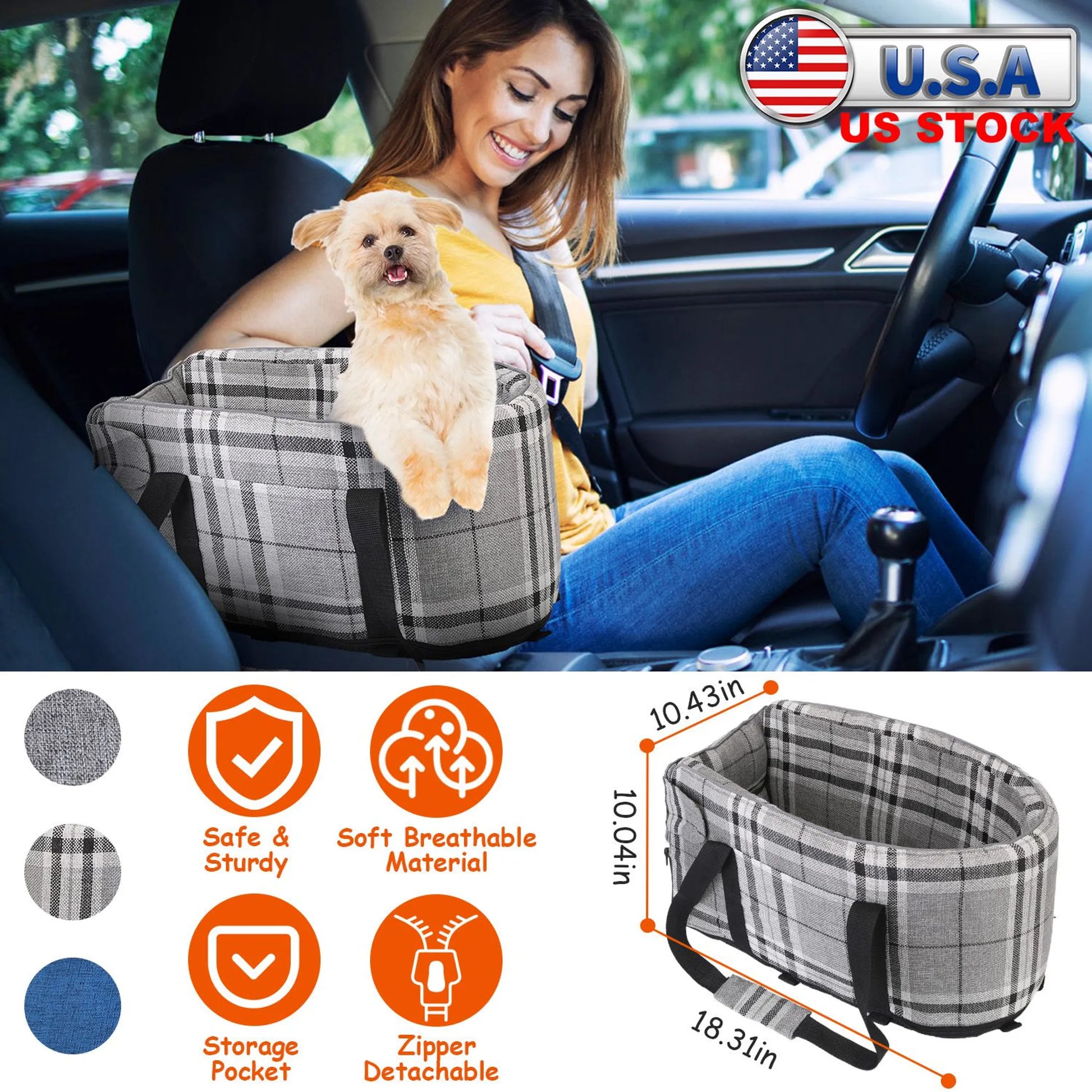 Woman with a dog in a car seat carrier, with product features and dimensions displayed below.