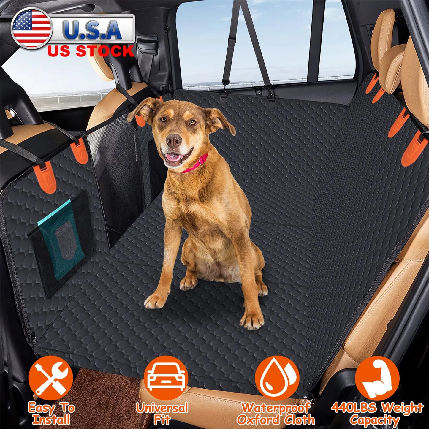 Dog sitting on a black car seat cover with orange straps in a vehicle, featuring text about product features.