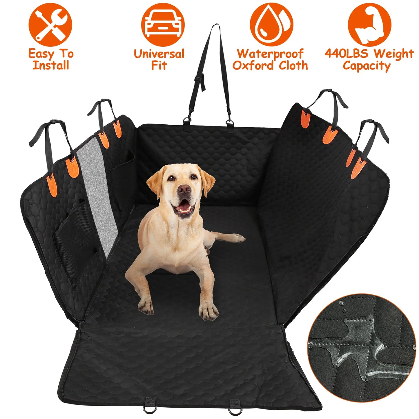 Dog car seat cover with a dog inside, featuring features like easy installation, universal fit, waterproof material, and weight capacity.