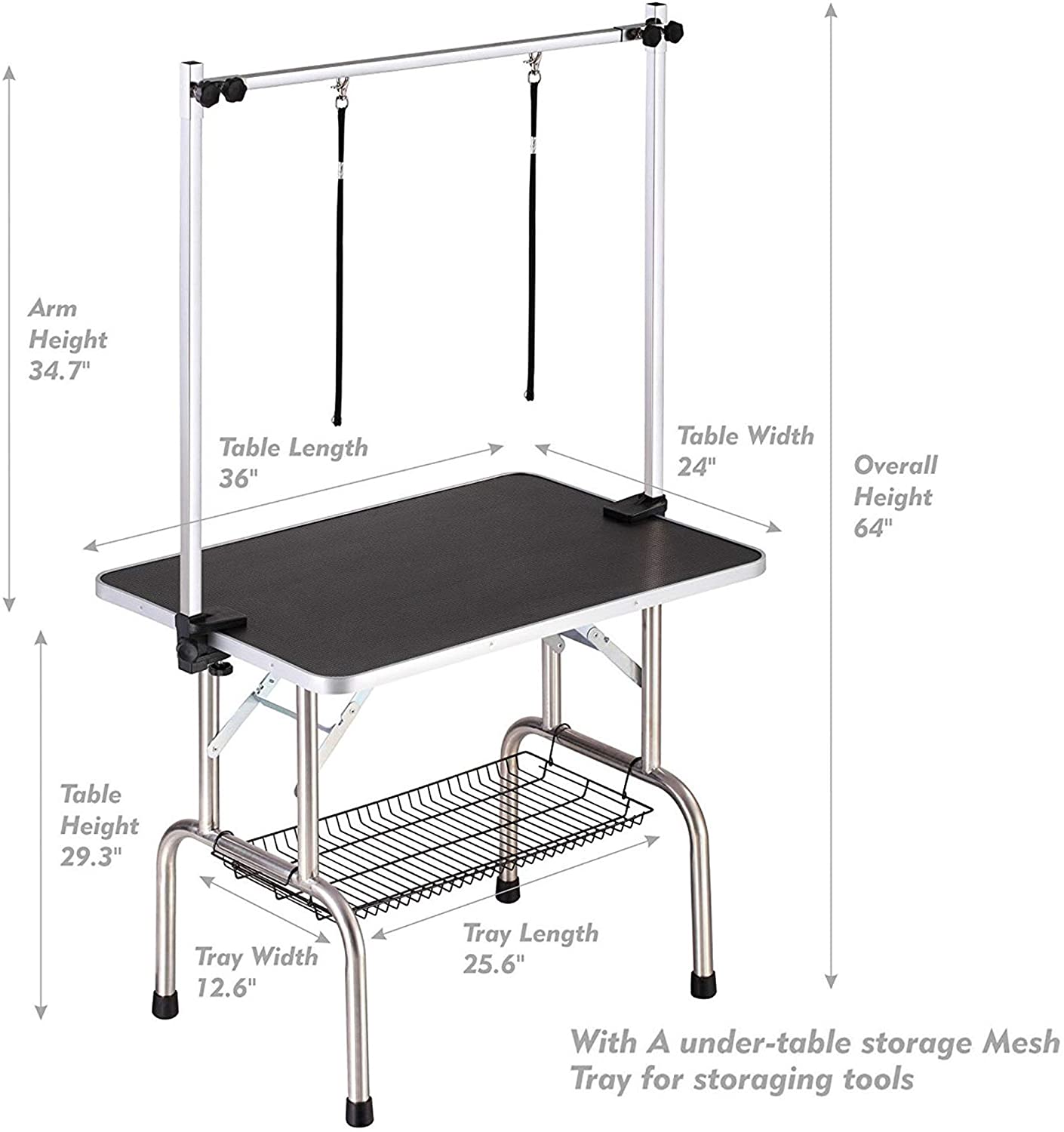 36" Heavy-Duty Folding Pet Grooming Table with Adjustable Arm, Noose & Mesh Storage Tray