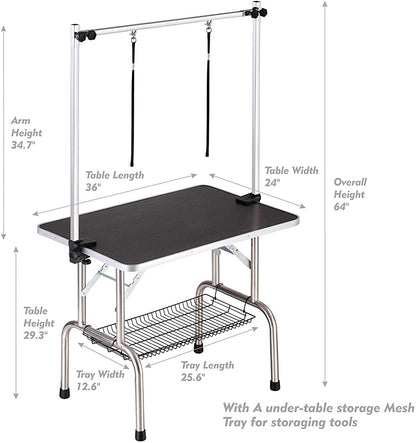 36" Heavy-Duty Folding Pet Grooming Table with Adjustable Arm, Noose & Mesh Storage Tray
