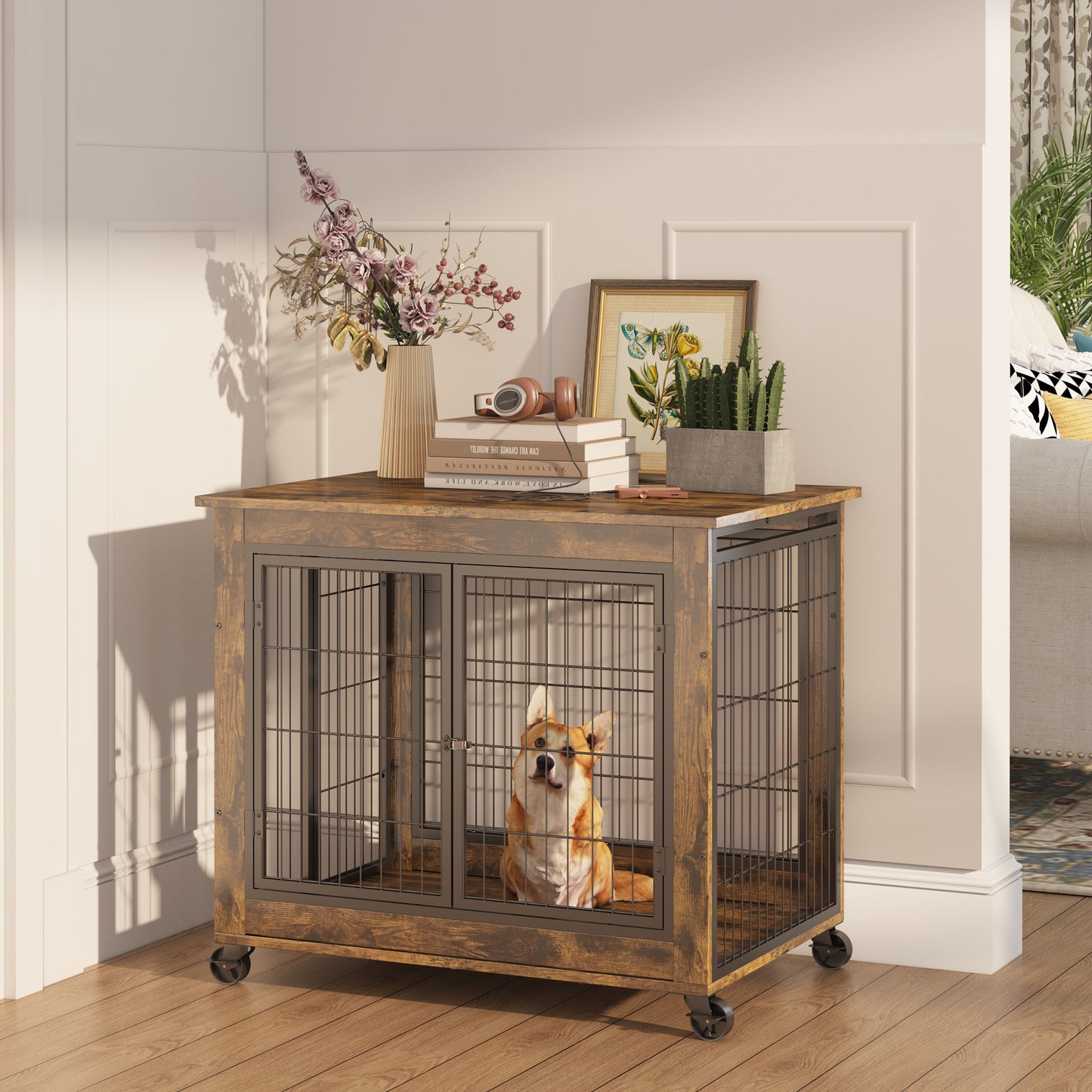 Furniture Style Dog Crate Side Table on Wheels Moveable