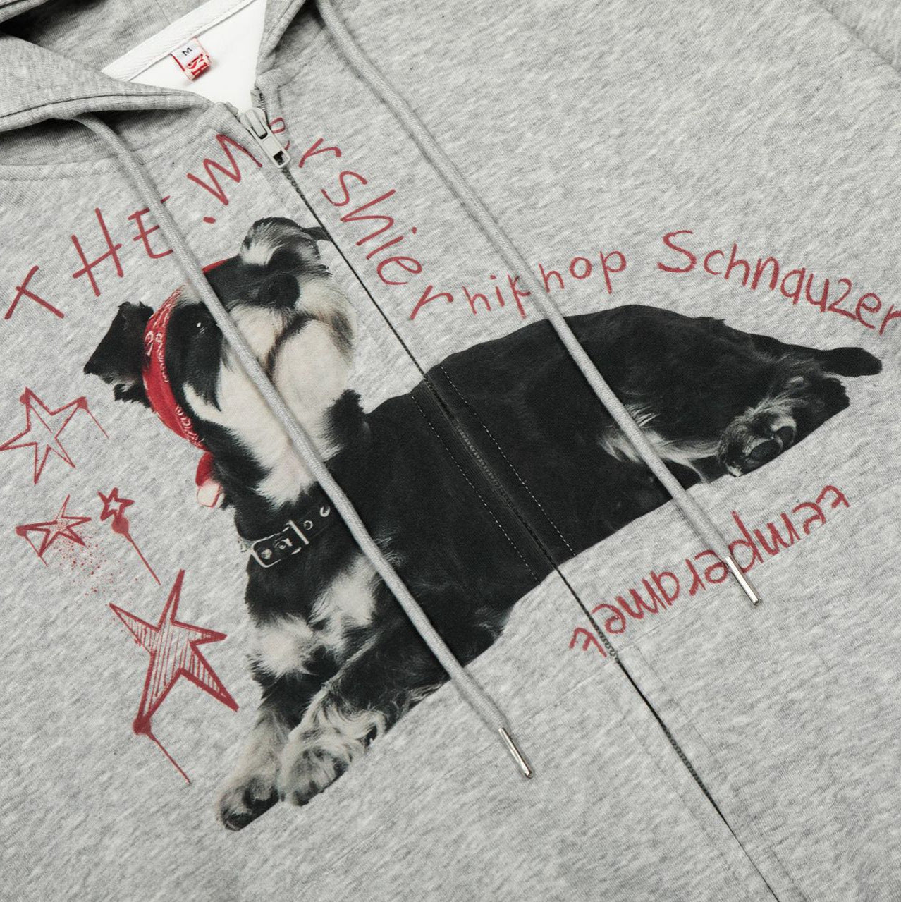 Dog Print Zipper Hoodie Hood Ties at chin