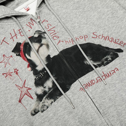 Dog Print Zipper Hoodie Hood Ties at chin