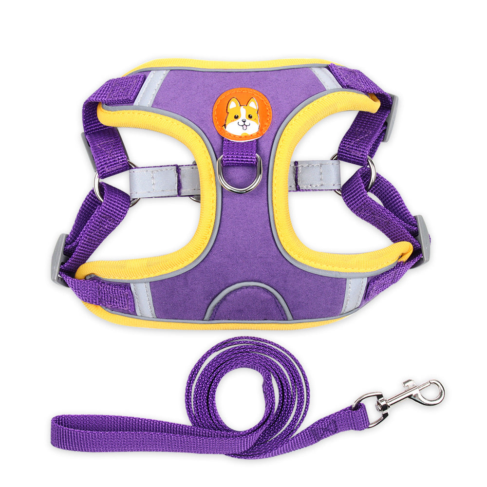 Reflective Dog Harness and Leash Set for Small Dogs – Vest Style Pet Harness Purple and Yellow