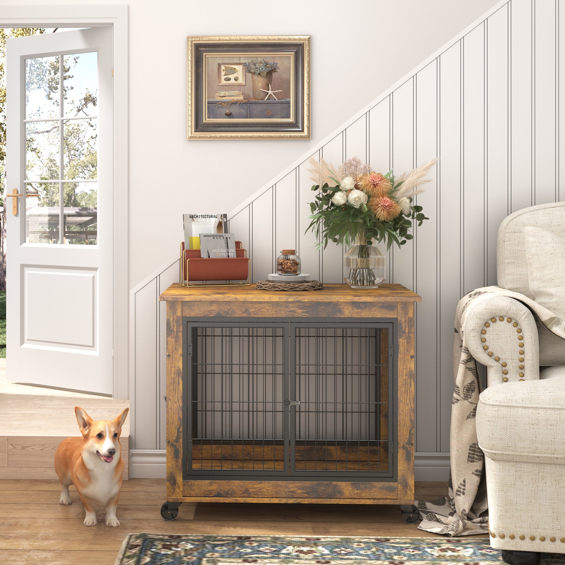 Furniture Style Dog Crate Side Table on Wheels with Table Top
