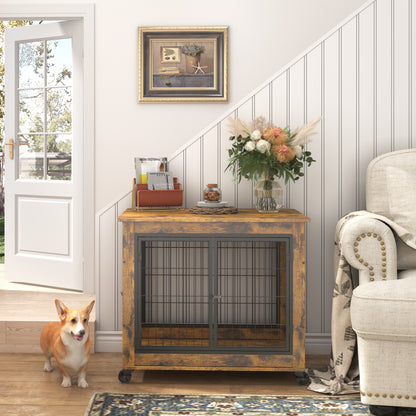 Furniture Style Dog Crate Side Table on Wheels with Table Top