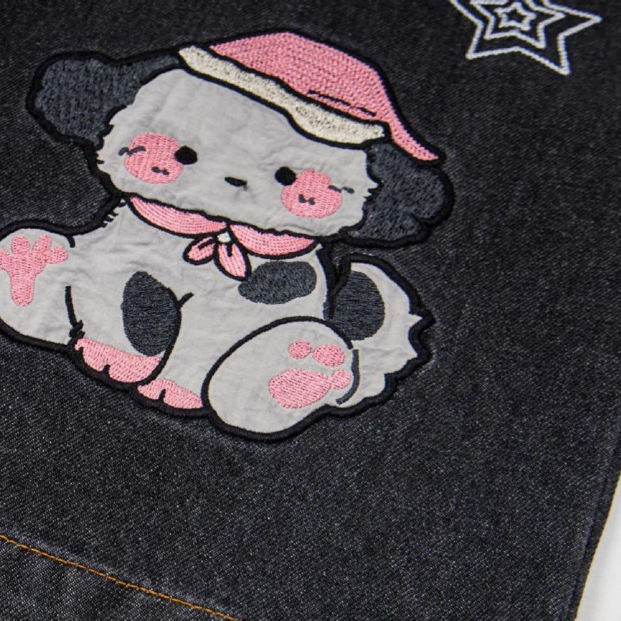Star Dog Embroidered Jeans Whimsical