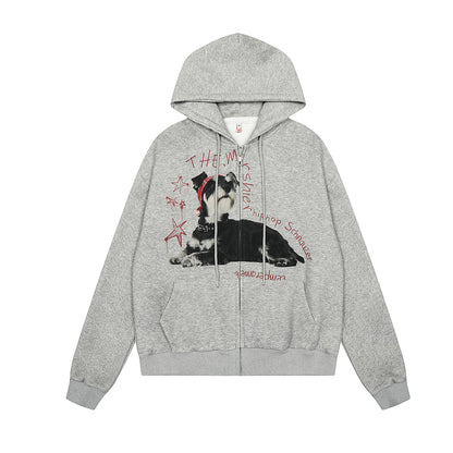 Dog Print Zipper Hoodie Gray